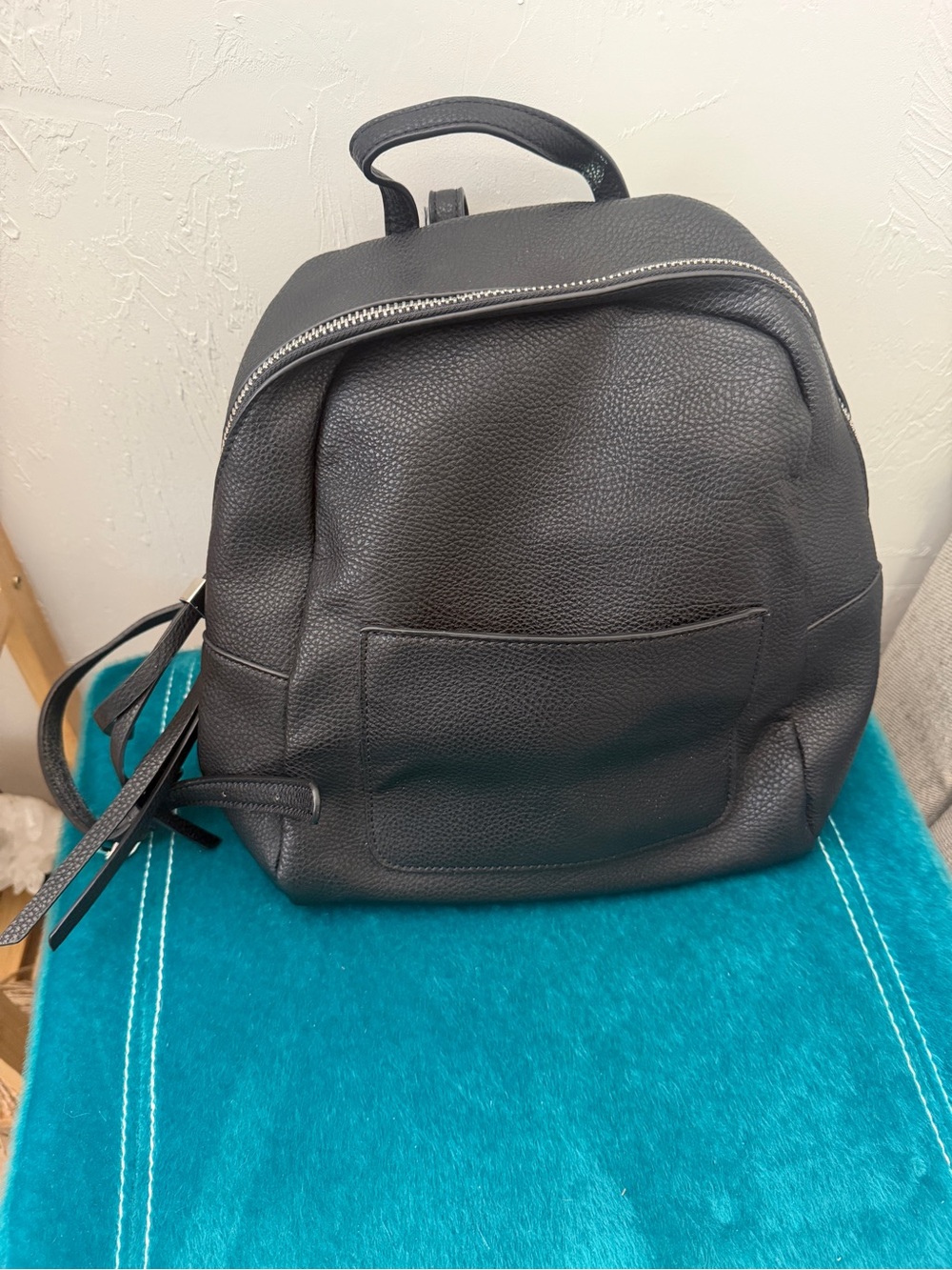 Moda Luxe Black Pebble Leather Mini Backpack with Cute Striped Interior